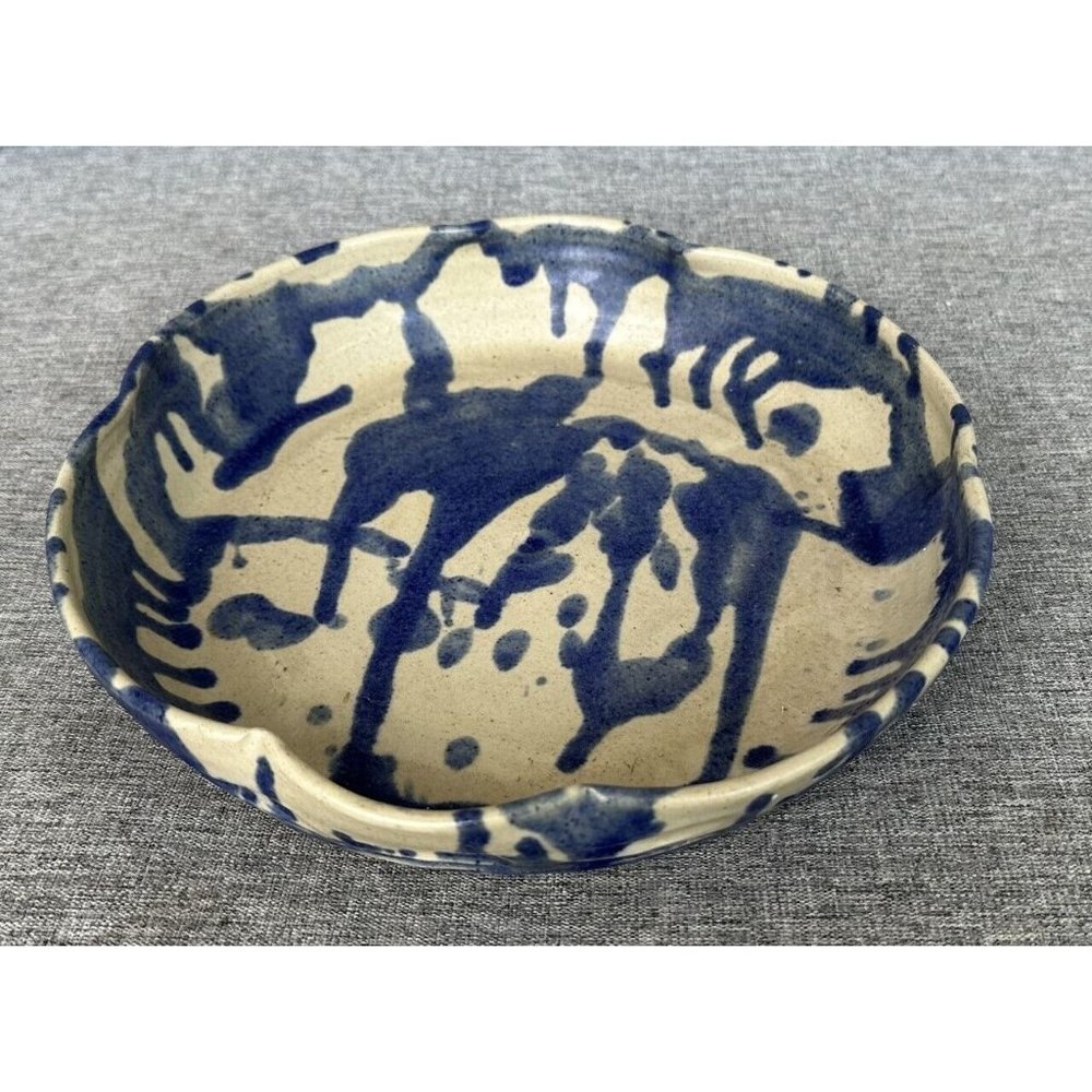 Vintage Pottery Pie Plate Serving Dish Blue Abstract Signed